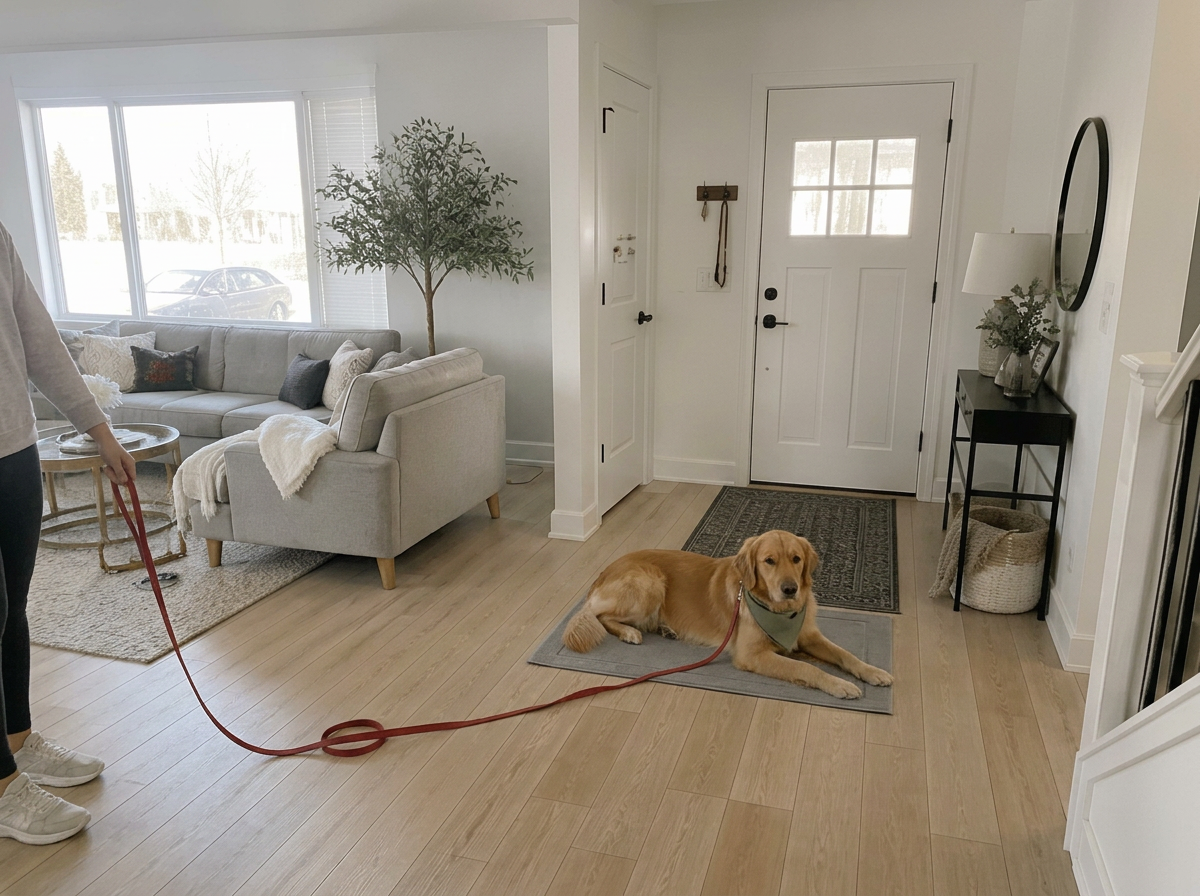 The same golden retriever settled calmly on a mat by the front door with a loose lead, wearing a sage-green K9 bandana