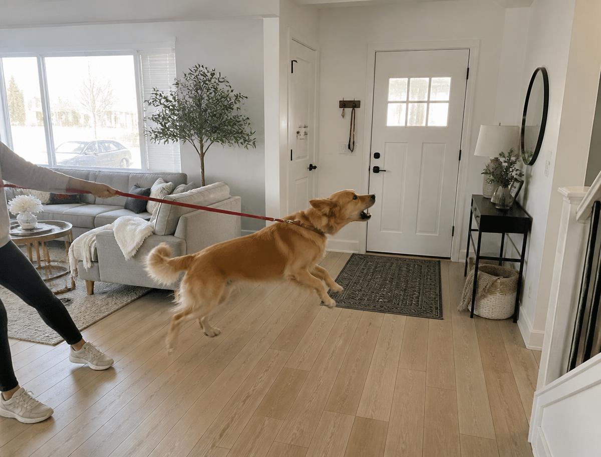 Golden retriever barking and lunging on a taut lead at the front door of a bright living room