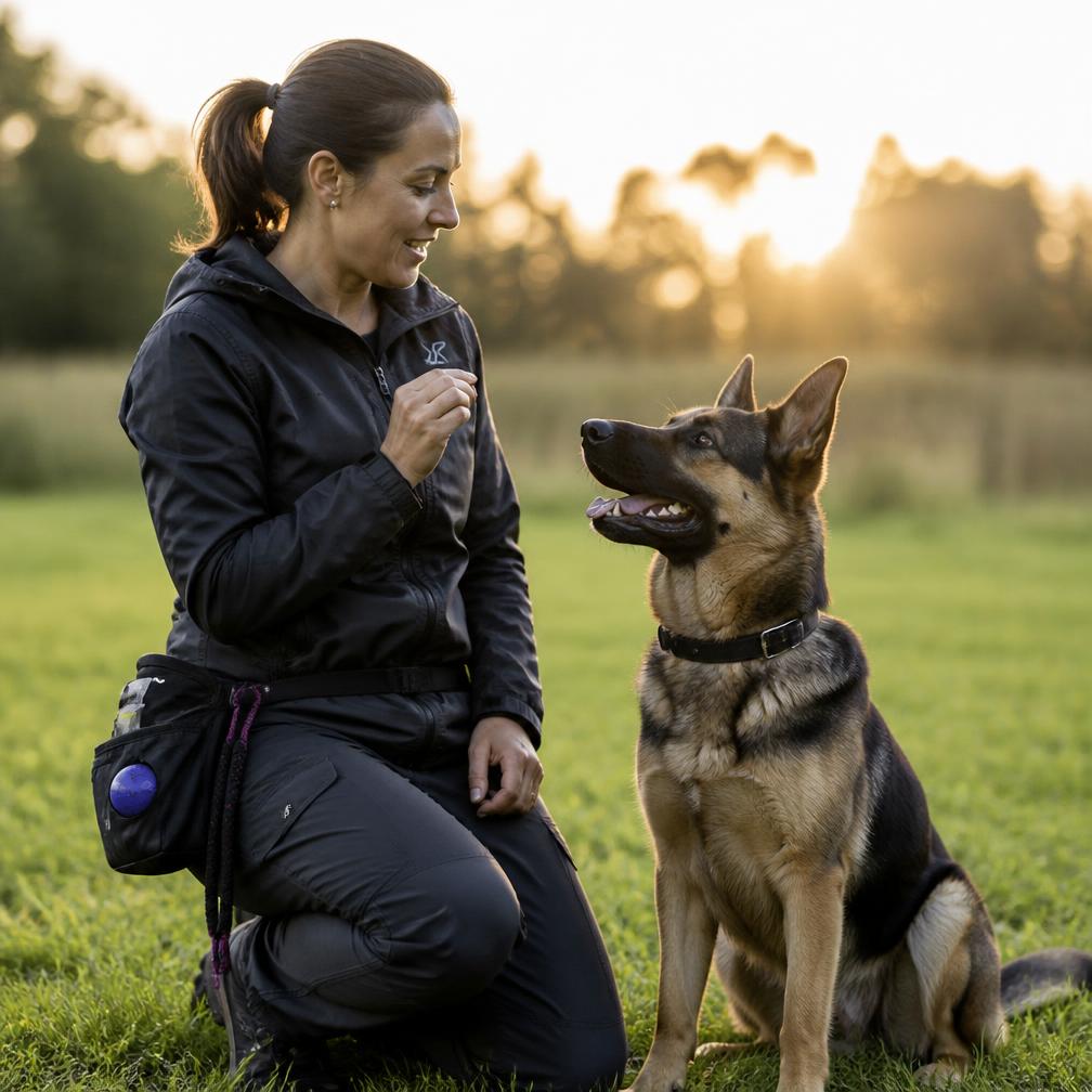 A certified trainer working with an attentive German Shepherd at sunset
